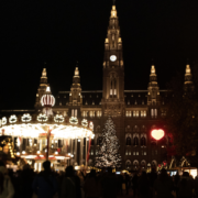 Christmas at Vienna City Hall Illuminated carousel and Christmas tree in front of Vienna City Hall at night
